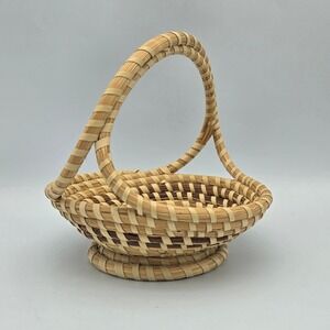 Handmade Hand Woven Sweetgrass Basket with Handle 5.5" Wide Coiled